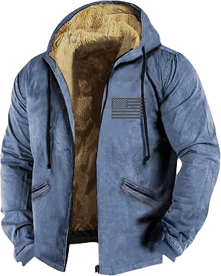 Mens Winter Coats Warm Thickened Fleece Lined Hooded Jackets American Flag Print Zip Up Hoodies With Pockets