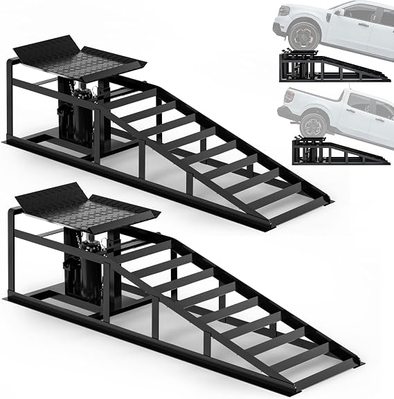 2 Pack Heavy Duty Hydraulic Car Ramps 5 Ton Load Capacity, Adjustable Height Truck and Automotive Repair Ramps for Garage Vehicle Maintenance, Durable Steel Lift Ramps (Black)