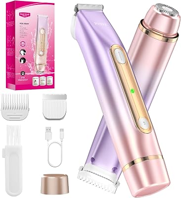 PVBKZ Bikini Trimmer for Women: 2-in-1 Painless Electric Razor for Body and Pubic Hair, IPX7 Waterproof Shaver with Dual Heads - Rechargeable Lady Trimmer for Bikini, Underarm, and Leg Rose Silver