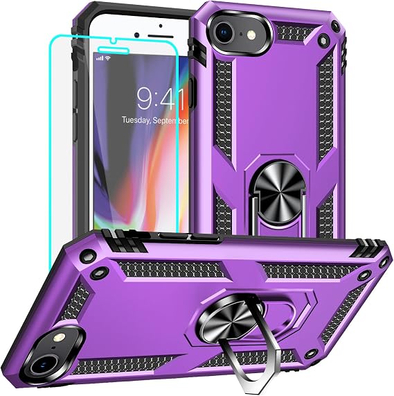 Yiakeng for iPhone 8 Case, iPhone 7 Case, iPhone SE 2020/2022 Case with Screen Protector, Military Grade Protective Cases with Ring for iPhone 8/7/SE 2020 (Purple)