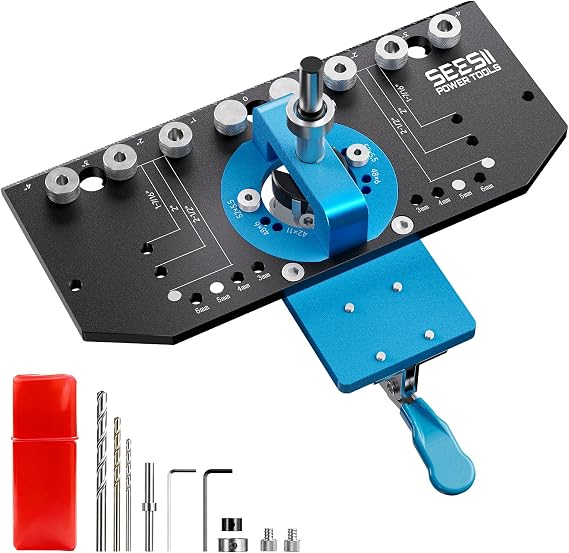 SEESII 3-in-1 Cabinet Hardware Jig Aluminum Alloy for 35mm Concealed Hinge; 5mm& 1/4" Shelf Pin;Handle template with Adjustable Edge and Quick Clamp for Hinge Hole& Shelf Hole for Woodworking&Home DIY