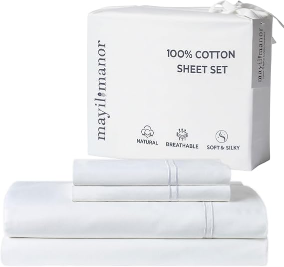Cal King Sheet Set, 500 TC Single-Ply Cotton Sateen, 4-Piece, White