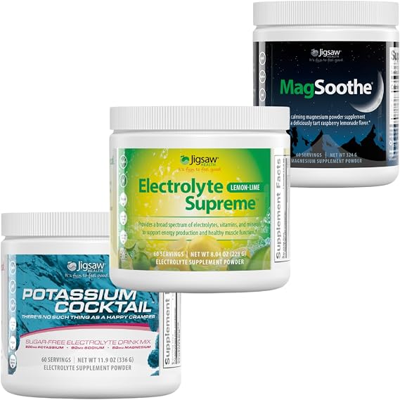 Jigsaw Pickleball Hydration Stack | Potassium Cocktail (Blue), Electrolyte Supreme (Lemon-Lime), and MagSoothe (Raspberry Lemonade), 60 Servings (Jar)
