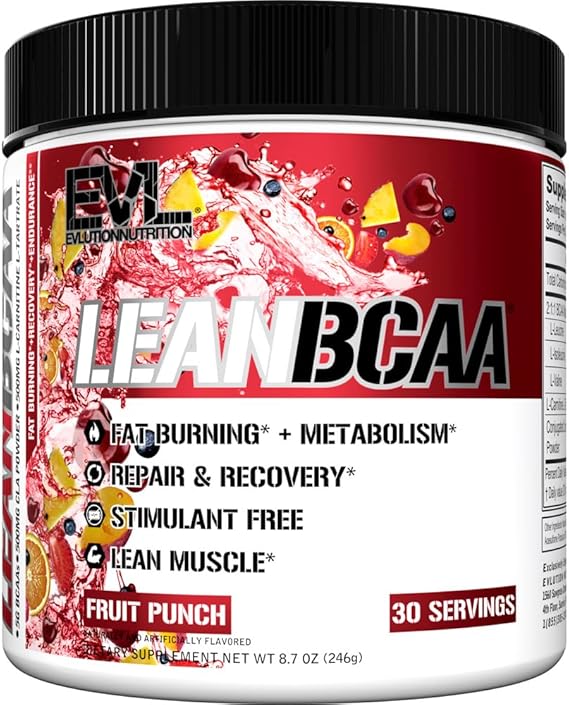 Stimulant Free Lean BCAA Powder - Evlution Nutrition BCAAs Amino Acids Powder with CLA Carnitine and 2:1:1 Branched Chain Amino Acids Supports Muscle Recovery Fat Burn and Metabolism - Fruit Punch
