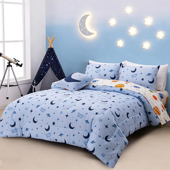A Nice Night Galaxy Bedding Sets Outer Space Blue Star and Moon Comforter 3D Printed Bed Set Full 6Pcs,Room Decor for Children Boy Girl Teen Kids