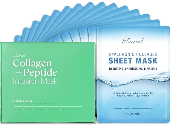 Ebanel Bundle of 15-Pack Collagen Face Mask and 8-Pack Collagen Peptide Infusion Mask