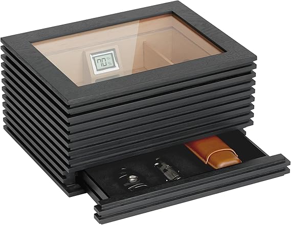 CASE ELEGANCE Kobi Modern Glass Top Humidor, Dark Gray Wood Slat Design, Digital Hygrometer, Spanish Cedar, Humidor Solution, Hydro System, and Hidden Accessory Drawer - Holds (50-80 Cigars)