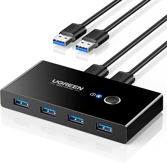 UGREEN USB 3.0 Switch Selector 2 Computers Share 4 USB Ports USB Switcher USB for PC Laptop Keyboard Mouse Printer Scanner One Button Switch Adapter with 2 Pack USB 3.0 Cables