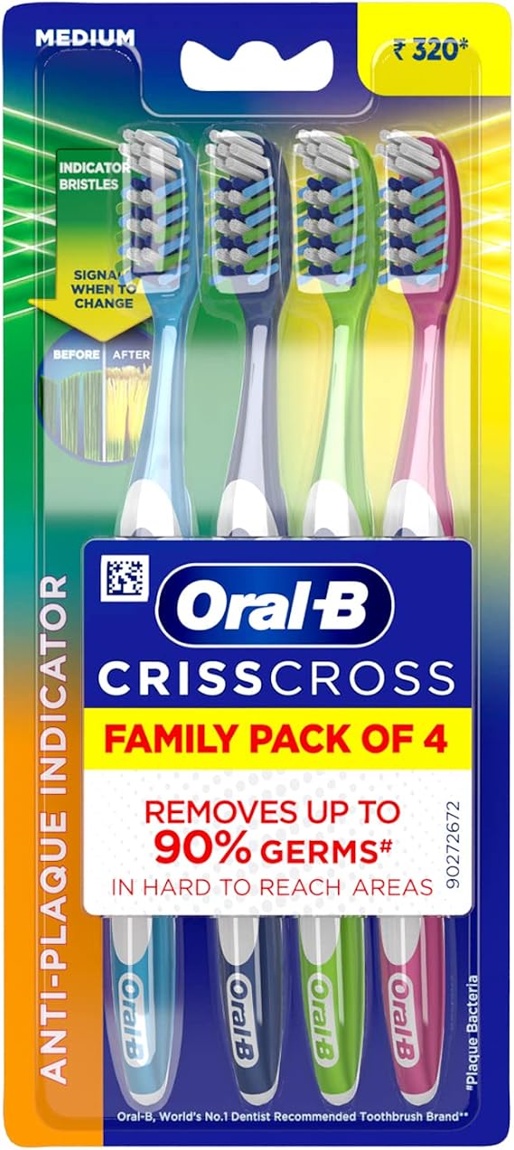 Oral-B Criss Cross Deep Clean Medium Bristles Manual Toothbrush for Adults,Tongue Cleaner, Multicolour Tooth Brush Set, Oral B Dentist Recommended Brand (Family Pack Total 4 Brushes)