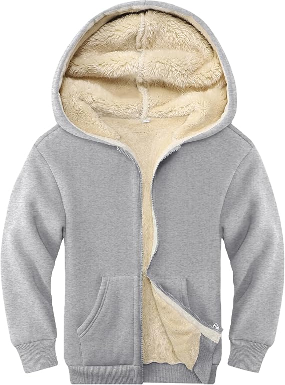 Unisex Boys Girls Sherpa Lined Fleece Jacket Hoodie Kids Warm Winter Zip Up Hooded Sweatshirt Jackets Coat 4-15Y