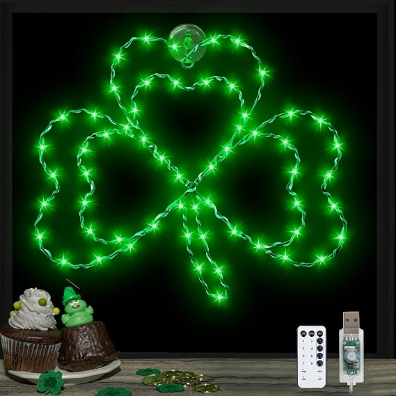 St Patricks Day Lights, 14.5" Shamrock Lights St Patricks Day Decoration Window Lights Green Light USB Operated with Remote 8 Modes, St Patricks Day Party Decor Shamrock Decoration