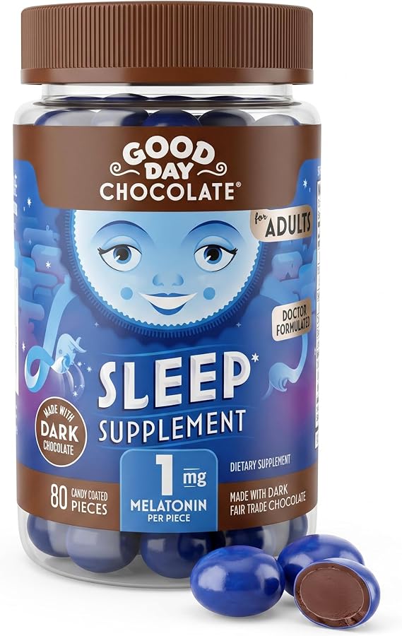 Good Day Dark Chocolate Melatonin for Adults [ 80 Count ] - Fair Trade Non-GMO Dark Milk Chocolate with Chamomile and Melatonin 1 mg - Adult Melatonin, Adult Natural Sleep Aid Supplement