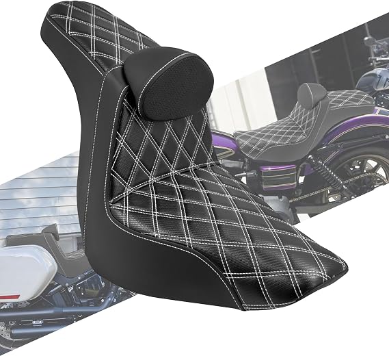 Motorcycles Driver Passenger Seat Cushion Pad One-Piece Seat Leather Pillion with Driver Backrest Fit for Harley Low Rider FXLR FXLRS Sport Glide FLSB 2018-Up (White Stitching)