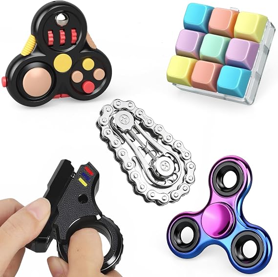 5PCS Fidget Toys Bluk, Fidget Slider Ring Figette Cube Pad Finger Bike Chain Keyboard for Stocking Stuffers Stress Anxiety for Adult