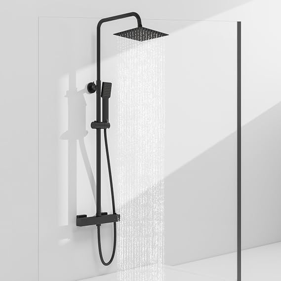 Sky Bathroom Thermostatic Shower Mixer Set | 8" Rainfall Shower & Handheld Head | Wall Mounted Bar Mixer Shower System | Stainless Steel Adjustable Sliding Riser Rail Matte Black