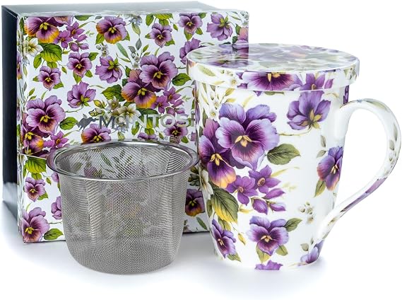 McIntosh Chintz Purple Pansies Fine Bone China Tea Mug with Lid and Infuser