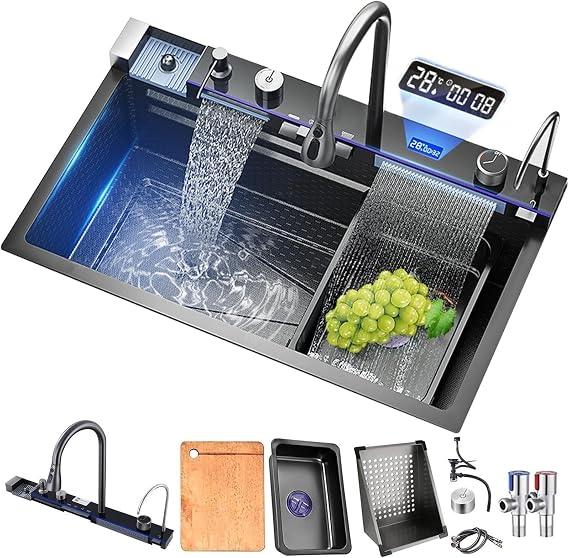 304 Stainless Steel Kitchen Sink, Multifunctional Waterfall Workstation Sink with Desktop Control, Piano Key Water Outlet, Temperature Display, Integrated and Embedded Design
