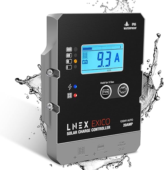 LNEX Solar Charge Controller Waterproof, 20A Super Thin Solar Panel Battery Intelligent Regulator with LCD Display 12V/24V PWM Solar Controller for LiFePO4,AGM, Gel, Flooded and Lithium Battery