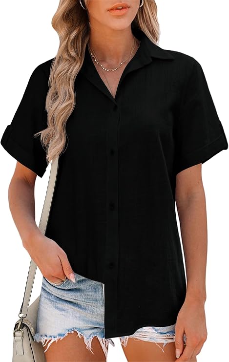 HOTOUCH Women Summer Button Down Shirt Short Sleeve Cotton Blouses Button Up Tops Beach Vacation Outfits