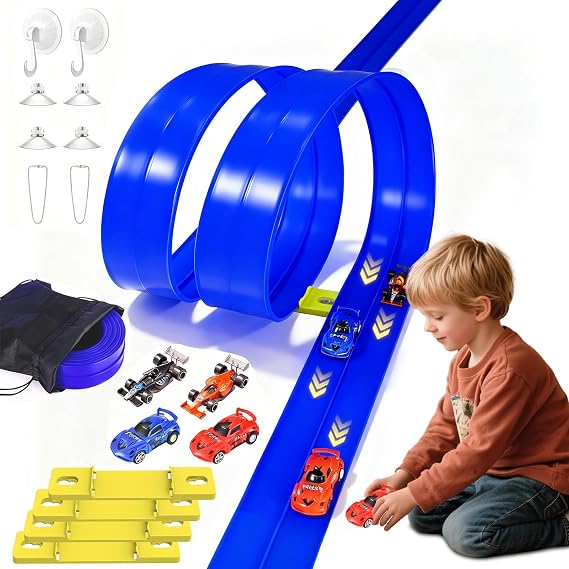 Flexible Race Track Toys for Kids: 20 Ft Flex Race Car Ramp Track with Suction Cups - Rolls Up Portable DIY Racetrack with 4 Racing Cars- Birthday Gifts for Boys Girls Ages 3+ (Dark Blue)