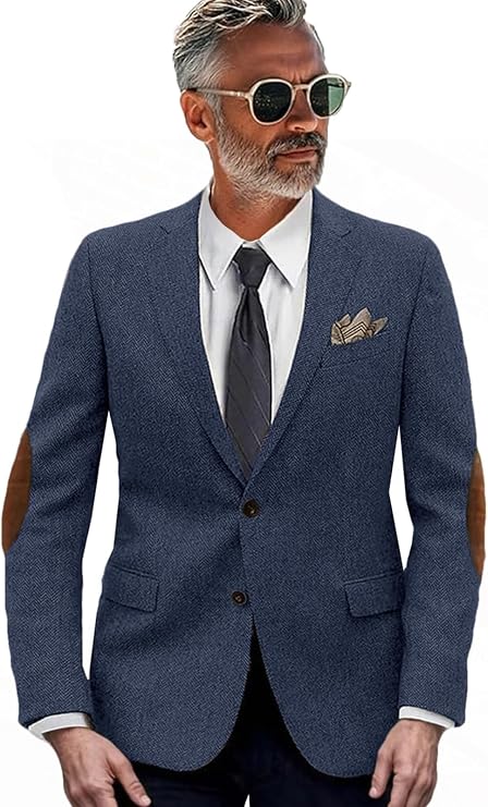VENNYNG Men's Tweed Jacket with Elbow Paths Single Breasted Blazer Vintage Coat Tailored Fit Two-Buttons