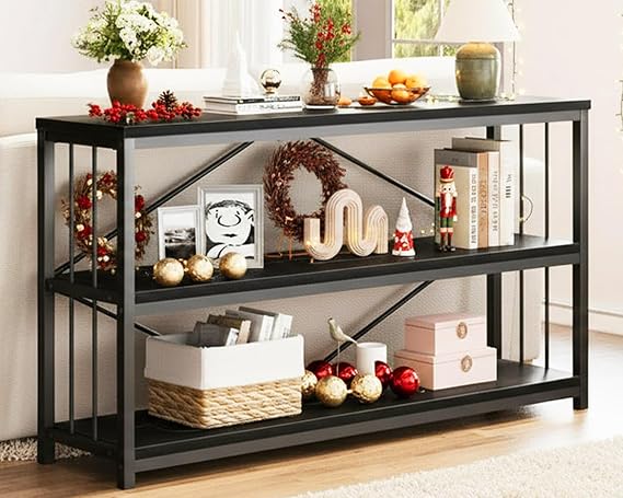 LVB Black Console Table, Modern Entryway Table, Black Oak, 55 in | Industrial Sofa Tables Behind Couch for Hallway Living Room, Farmhouse Wooden Metal Tables with 3-Tier Storage Shelves