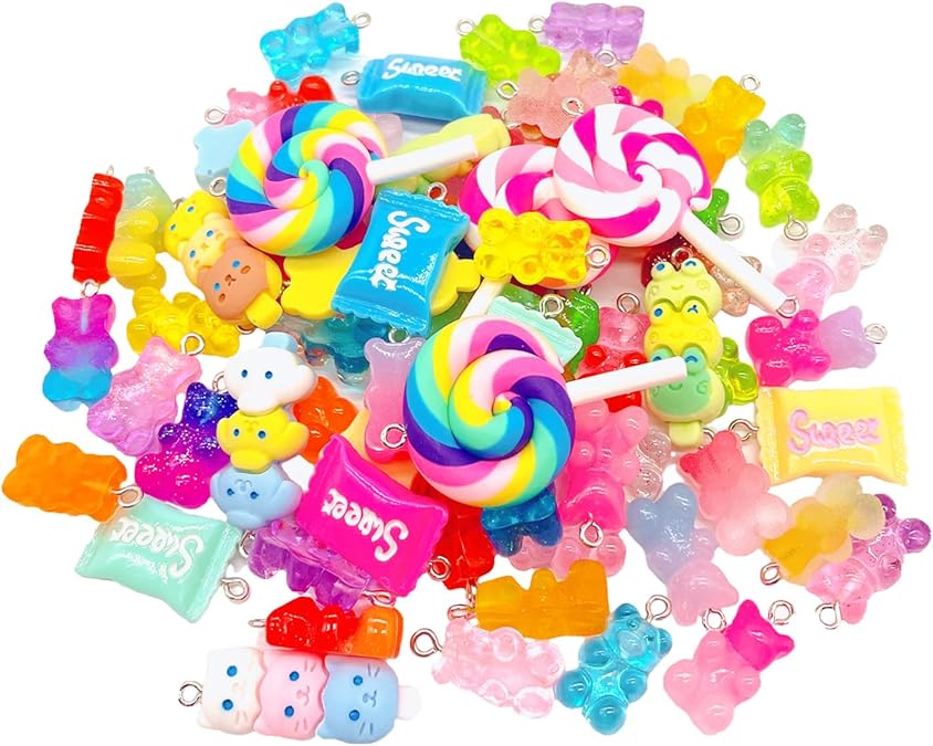 Bulk Assorted Candy Pendant,Grandient 3D Gummy bear Charms for Jewelry Necklace Earrings Bracelet Art Craft Project Making (70pcs with hole)