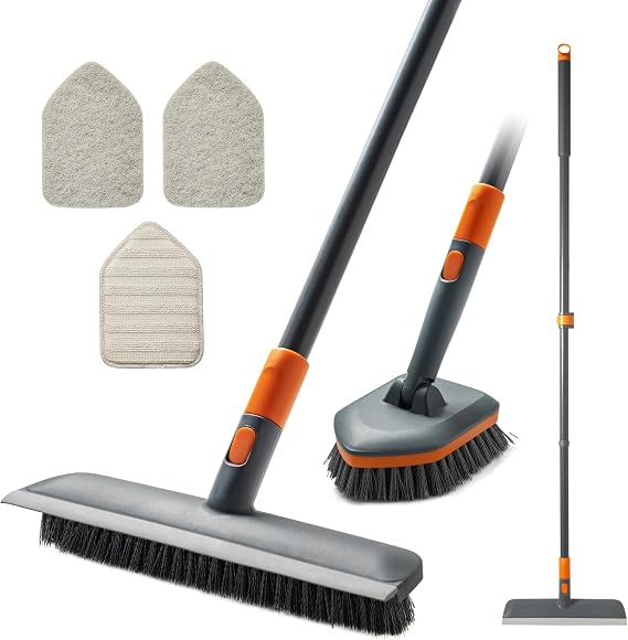 CLEANHOME Floor Scrub Brush Tile Tub Scrubber Brush with 4 Different Cleaning Heads, Shower Brush with 56 Extendable Long Handle, Scrubbers for Cleaning Kitchen, Bathroom, Tub, Tile, Wall