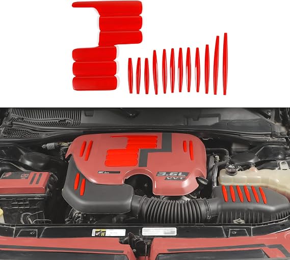JWWY Engine Shroud Cover Panel Trims for 2009-2024 Dodge Charger Challenger Engine Accessories 13pc Red ABS