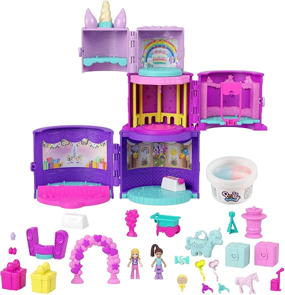 Polly Pocket 2-in-1 Unicorn Toy Playset, Spin 'N Surprise Birthday with Micro Polly & Lila Dolls, Plus 25 Accessories