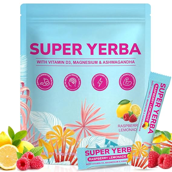 Yerba Mate Instant Tea Powder | Super Yerba Mate Tea for Energy Support & Gut Health - Ashwagandha, Lions Mane, L-Theanine, Raspberry Lemonade Flavor, Hot or Cold Drink (10.58 oz, 30 Servings)