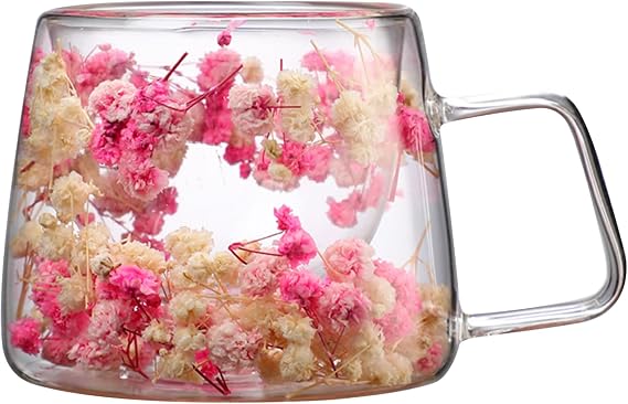 Gcroet 1PC Double Walled Glass Coffee Mug 200ml Dried Flower Insulated Mug with Handle Transparent Heat-Resistant Mugs for Water, Coffee, Milk, Beverage, Style 2