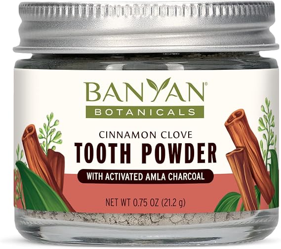 Banyan Botanicals Cinnamon Clove Tooth Powder Ayurvedic Fluoride-Free Toothpaste Alternative with Miswak & Activated Charcoal from Amla 0.75oz, 80+ Uses Non GMO Sustainably Sourced Vegan