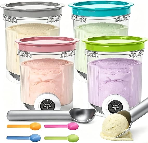 Pack of 4 Containers Compatible with Ninja Creami Swirl NC700 NC701 with Lids and Nozzles, Includes Ice Scoop and 4 Spoons, 16 oz Swirl Container for Ice Cream Making and Storage