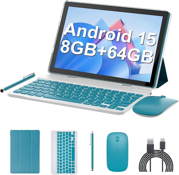 Tablet 10 Inch Android 15 Tablet, 2 in 1 Tablets, Include Keyboard Mouse Case Stylus, 64GB ROM+8GB RAM 1TB expandable 2MP+8MP Dual cameras, 5G WIFI-6 Bluetooth 6000mAh Battery 10.1" 1280*800 HD Tab