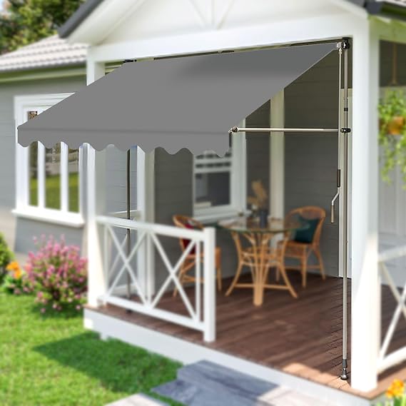 Retractable Awning Sunshade Shelter W/Manual Crank Handle no Drilling Required Adjustable Retractable Awnings Height Adjustment Range 215-310cm for Backyard/Garden/Balcony(Grey,4m)