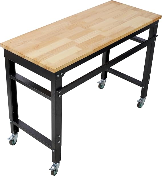 48" Adjustable Workbench, Wide Rolling Work Table for Garage, Adjustable Height, Workshop Tool Bench, Metal with Rubber Wood Top, Black Hammertone Leg (48 Inch)