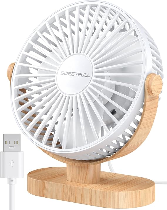 SWEETFULL Small USB Desk Fan, Desktop Table Fan, Quiet Office Mini - White | 5.8" Personal Fan; 3 Speeds; 360 Adjustable; 25dB; 10oz; USB Powered; Stable Base; Easy Cleaning-Home & Cooling; Retro Decor