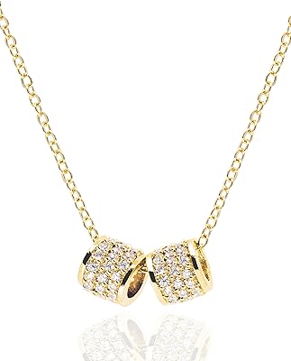Dainty 2 Pave Ring Pendant Necklace for Women • 14K Gold Plated CZ Cylinder Tube Rondelle Charm Necklaces • Non Tarnish Stainless Steel Jewelry [CLN]