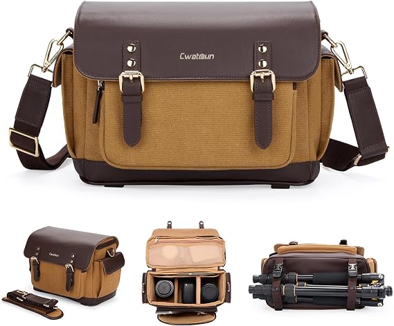 Cwatcun Camera Shoulder Bag, Vintage Leather Flap Camera Crossbody Messenger Bag, DSLR/SLR/Mirrorless Photography Bag with Tripod Holder, Camera Case Compatible with Canon/Nikon/Sony Camera and Lens