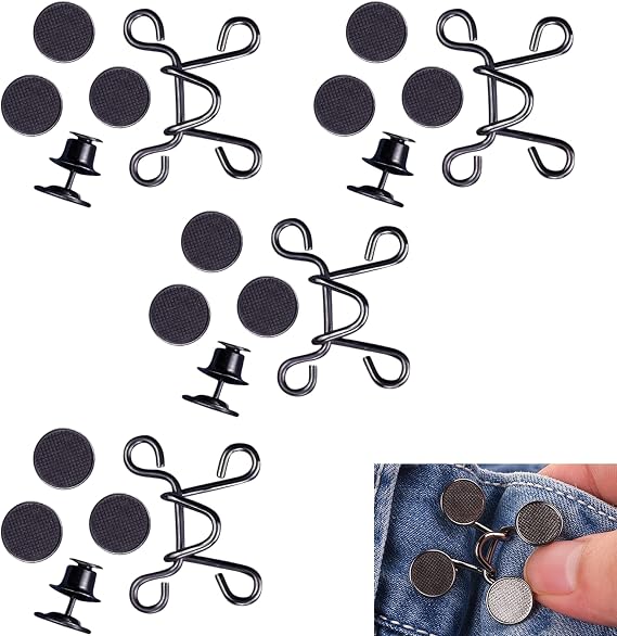 4-Pack Pant Waist Tightener No Sewing and No Tool Pants Tightening Clips, Jean Buttons for Loose Jeans, Adjustable Waist Tightener Pins for Pants, Jeans, Skirts, Black Metal Buttons