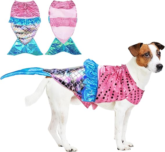 Mermaid Dog Halloween Costumes, Dog Clothes Mermaid Costume for Small Medium Dogs Cats Puppy, Cute Pet Cosplay Outfit for Christmas, Birthday Party Photo Props Dress up Accessories Parade
