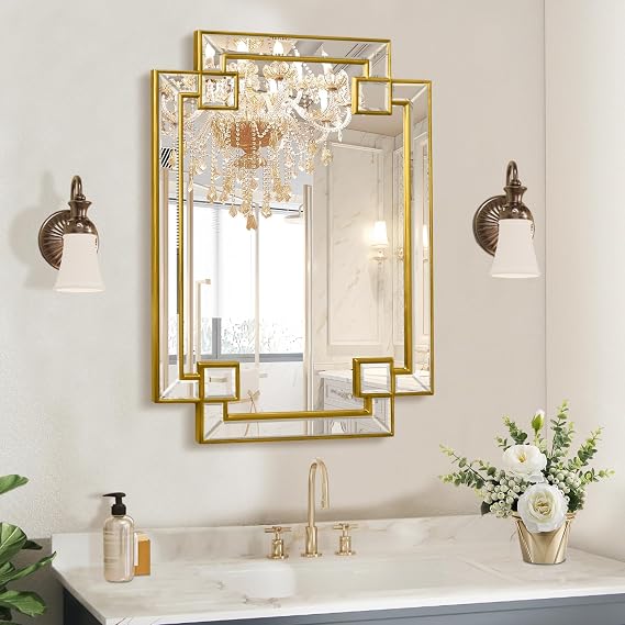 Gold Mirror for Bathroom, 20x26.4 Inch Rectangle Bathroom Vanity Mirror for Over Sink, Modern Decorative Mirror for Living Room Entryway Fireplace Mantel (Horizontal/Vertical)