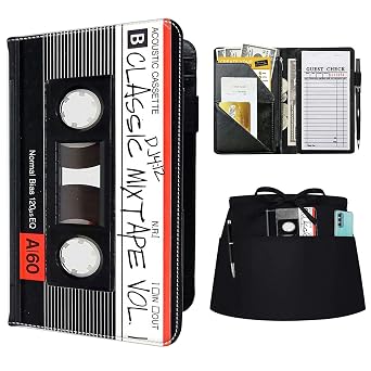 Rossy Server Book + Apron, Waitress Books Booklet Wallet Waiter Book with Zipper Pocket PU Leather Cute Serving Books with Black Waist Apron for Servers Waiters,Retro Audio Cassette