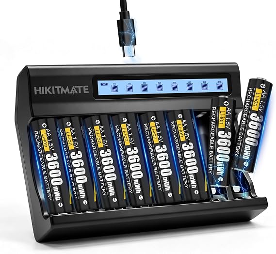 1.5V AA/AAA Battery Charger with 8 Pack AA Rechargeable Lithium Batteries | 3600mWh Double A Battery with 8 Bay Independent Fast Charging LCD Display, Charge both AA and AAA Li-ion, 2000+ Cycles