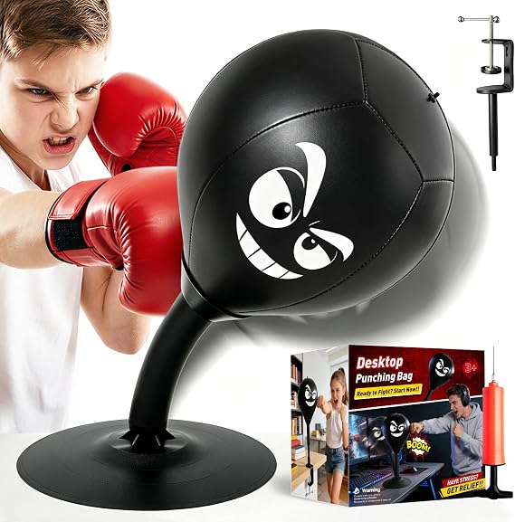 Desktop Punching Bag - Stress Buster with Desk Clamp and Heavy Duty Suction Cup Base,Stress Relief Toy for Office and Home, Durable Desk Boxing Ball for Adults and Kids, Choices, Black