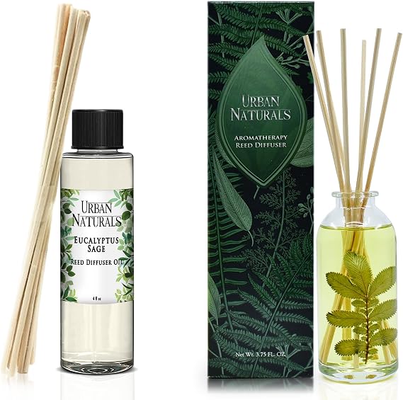 Urban Naturals Eucalyptus SAGE Reed Diffuser Refill, 4 oz, Bundle with Eucalyptus SAGE Reed Diffuser Set - Made with Essential Oils in the USA
