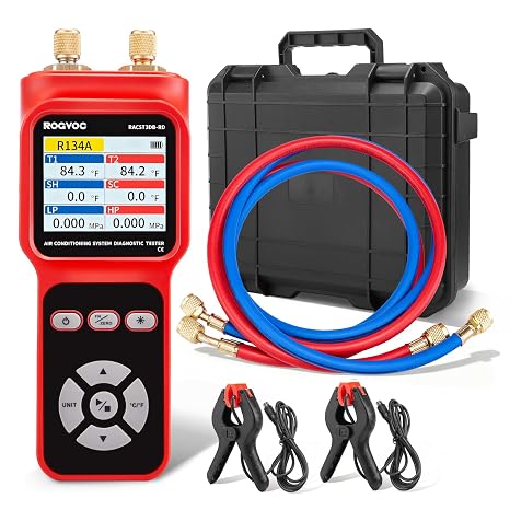 2-Port Digital Manifold Tester Gauge for HVAC Diagnostic Equipment | with 2 Thermometer Clamps and 2 Hoses for Air Conditioner Performance Testing