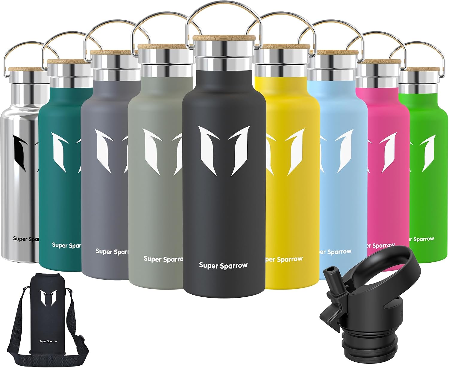 Super Sparrow Water Bottle Stainless Steel - 350ml500ml620ml750ml1L- Insulated Metal Water Bottles - Standard Mouth Flask - BPA Free - Straw Bottle for Work, Gym, Sports - 2 Lids