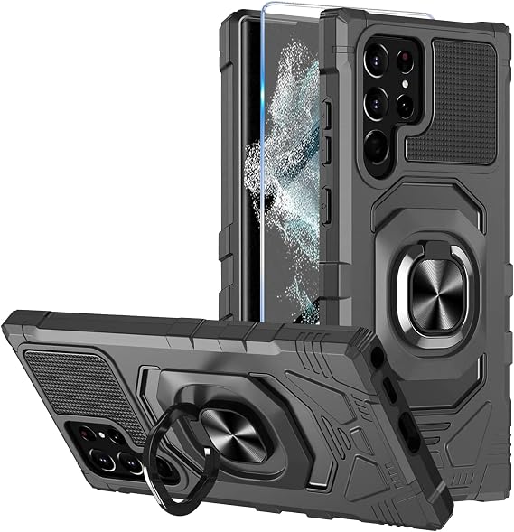 Giyer Heavy Duty Protection Case for Samsung Galaxy S22 Ultra Phone Case with Built-in Screen Protector, Military Grade Shockproof 360 Degree Metall Ring Kickstand Travel Cover Shell (Black)